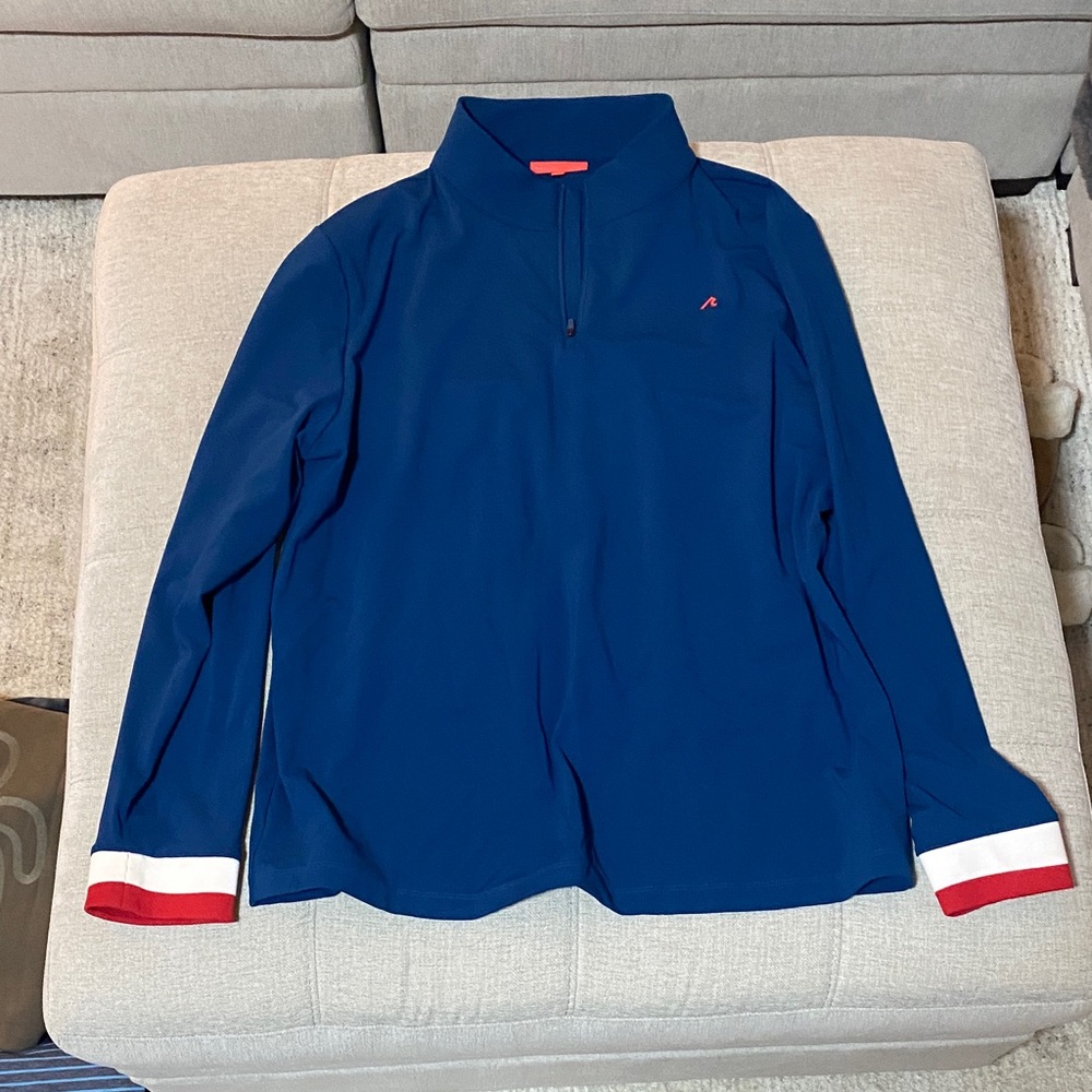 Blue Quarter-Zip Pullover with Red and White Cuffs